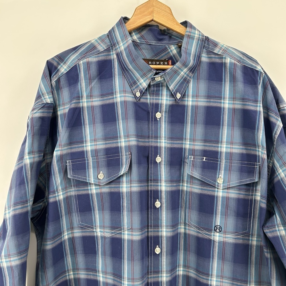 Roper Western Shirt Mens 2XL Blue Plaid Long Sleeve Cowboy Workwear Dadcore